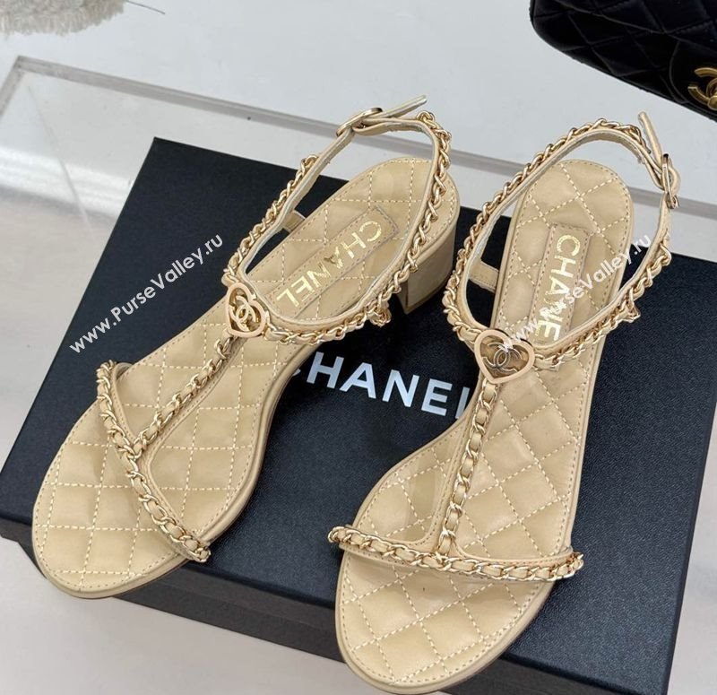 Chanel Lambskin Heel Sandals 4.5cm with Chain and Heart G46109 Beige 2025 (KL-250304039)