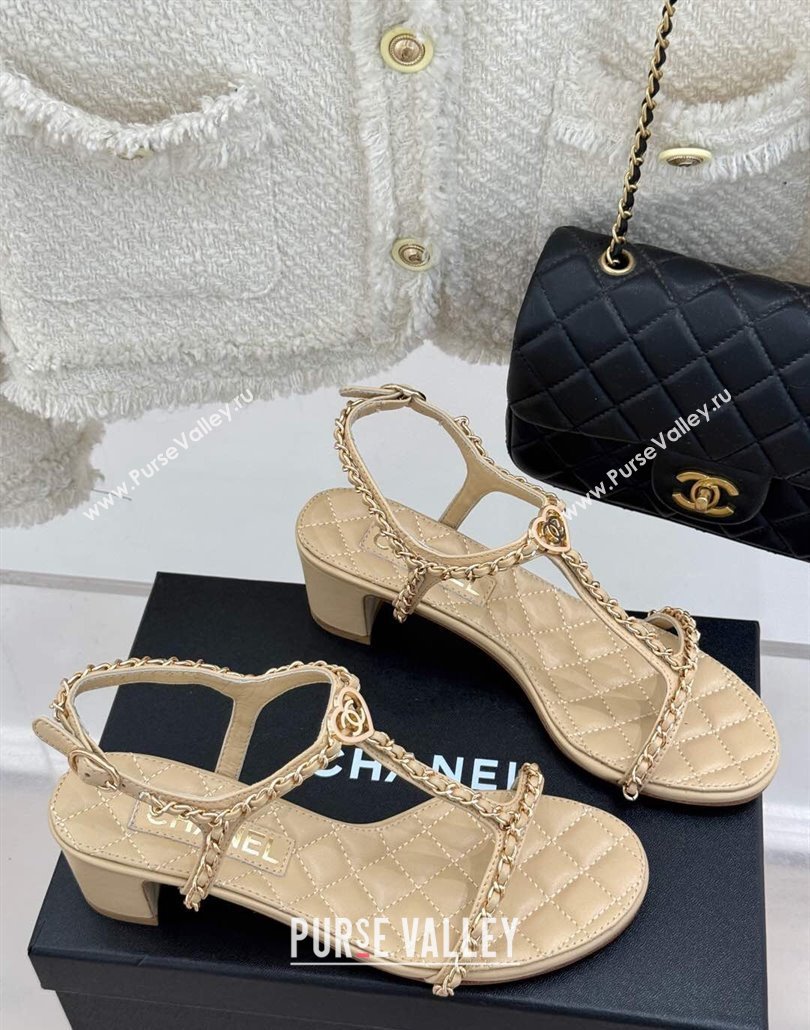 Chanel Lambskin Heel Sandals 4.5cm with Chain and Heart G46109 Beige 2025 (KL-250304039)