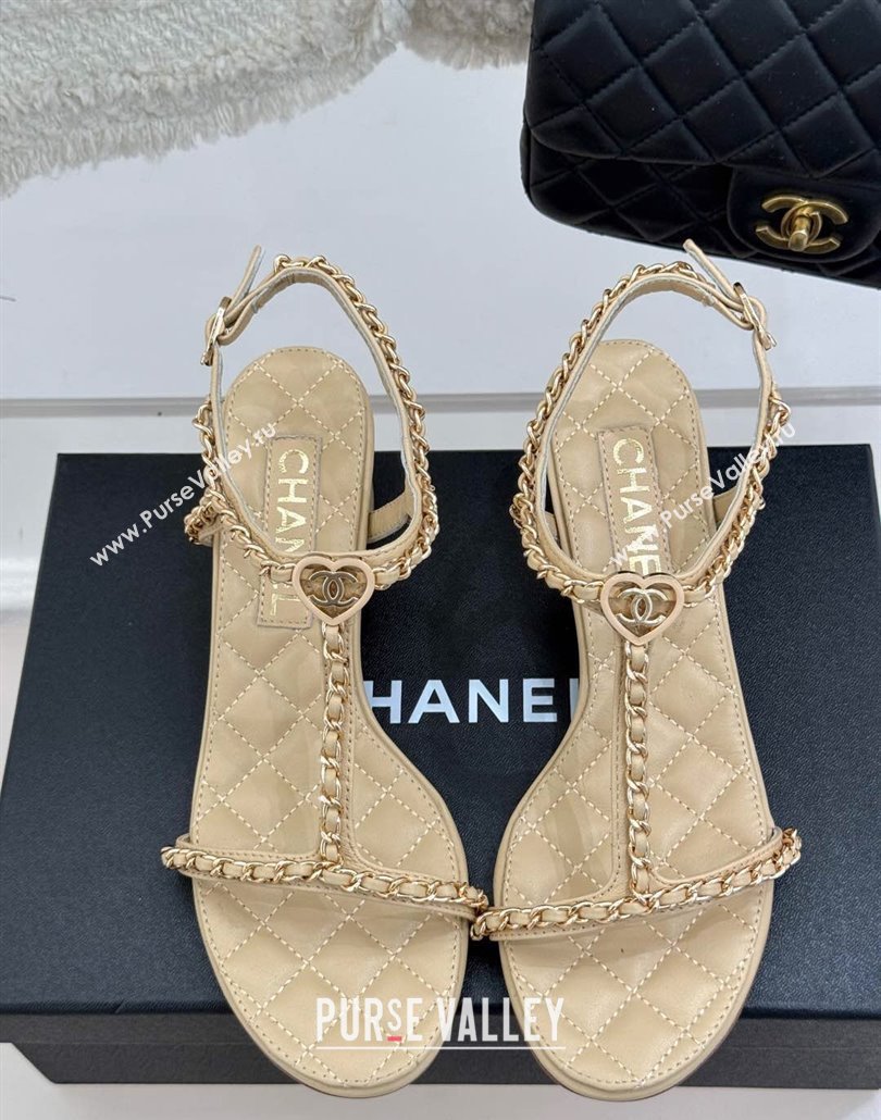 Chanel Lambskin Heel Sandals 4.5cm with Chain and Heart G46109 Beige 2025 (KL-250304039)