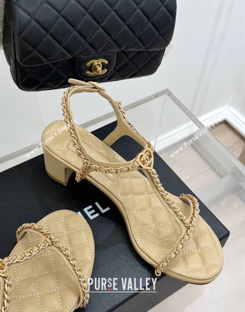Chanel Lambskin Heel Sandals 4.5cm with Chain and Heart G46109 Beige 2025 (KL-250304039)