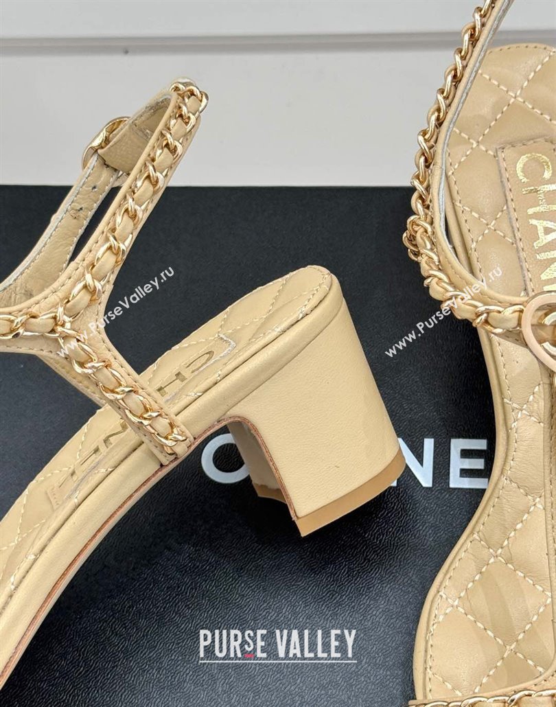 Chanel Lambskin Heel Sandals 4.5cm with Chain and Heart G46109 Beige 2025 (KL-250304039)