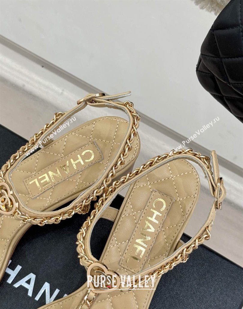 Chanel Lambskin Heel Sandals 4.5cm with Chain and Heart G46109 Beige 2025 (KL-250304039)