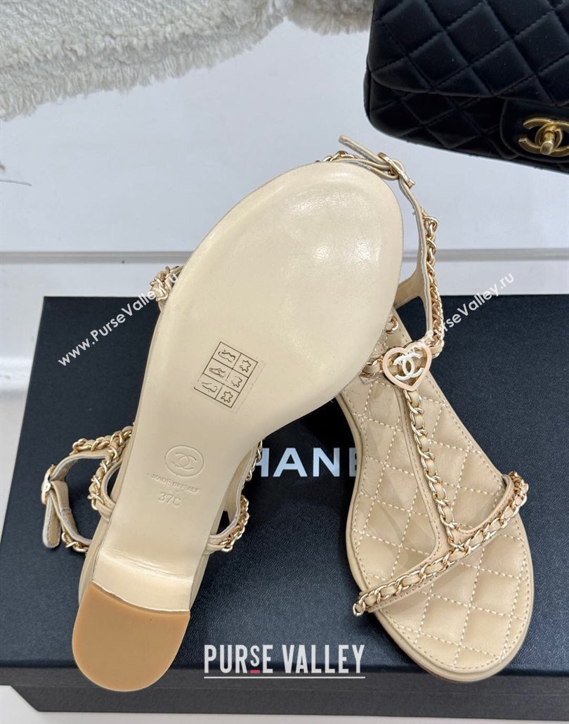 Chanel Lambskin Heel Sandals 4.5cm with Chain and Heart G46109 Beige 2025 (KL-250304039)