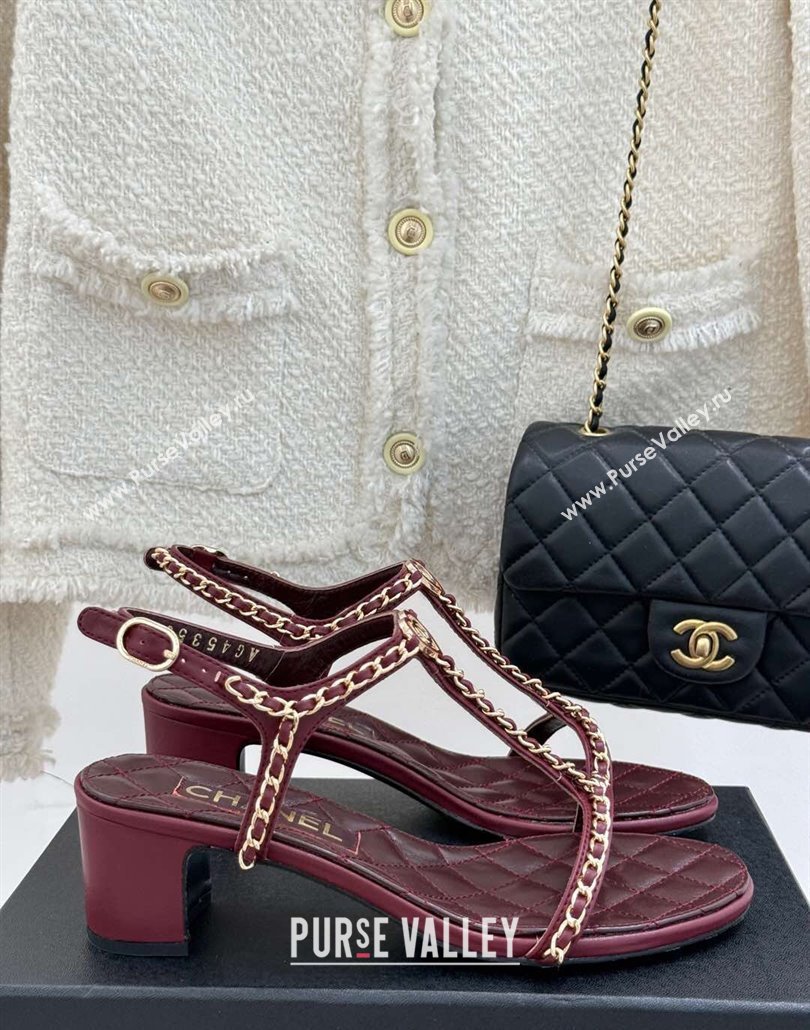 Chanel Lambskin Heel Sandals 4.5cm with Chain and Heart G46109 Dark Burgundy 2025 (KL-250304040)