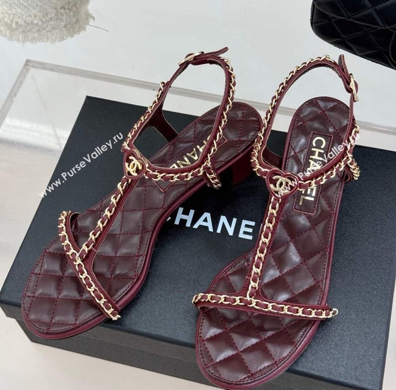 Chanel Lambskin Heel Sandals 4.5cm with Chain and Heart G46109 Dark Burgundy 2025 (KL-250304040)