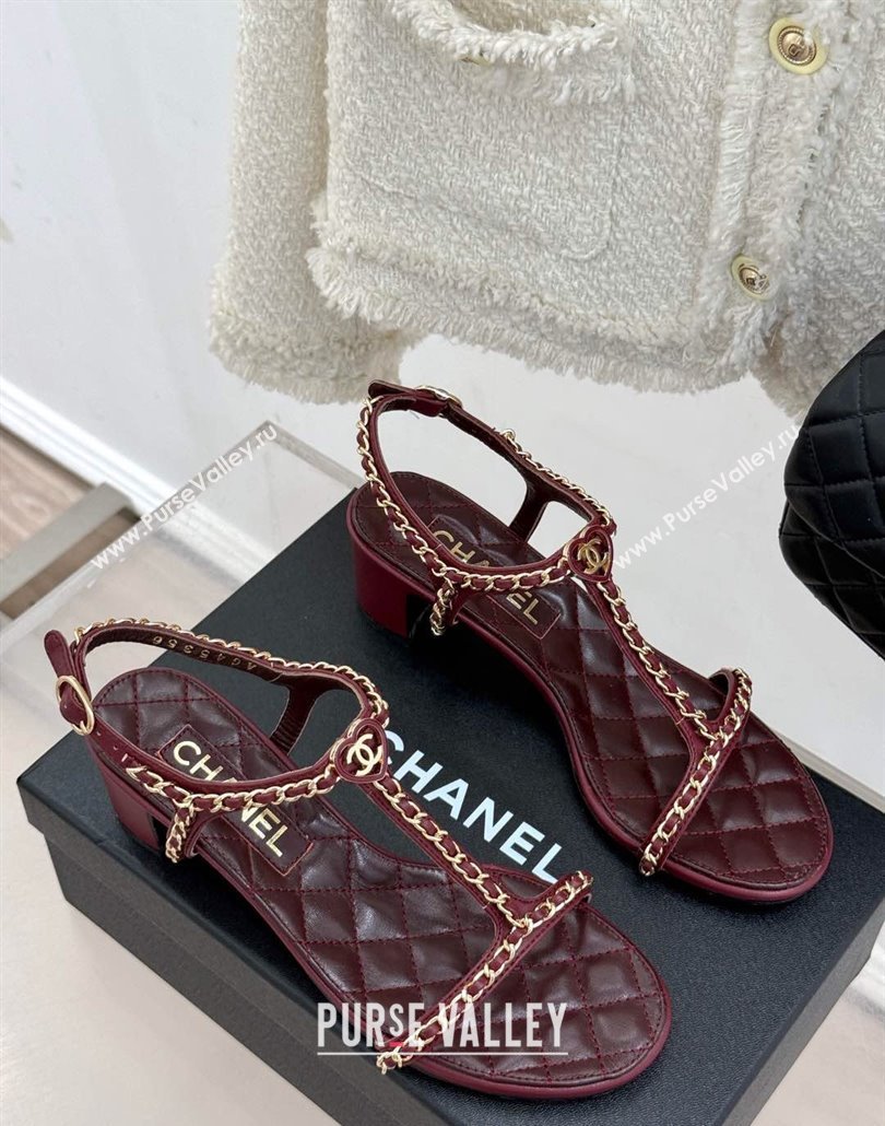 Chanel Lambskin Heel Sandals 4.5cm with Chain and Heart G46109 Dark Burgundy 2025 (KL-250304040)