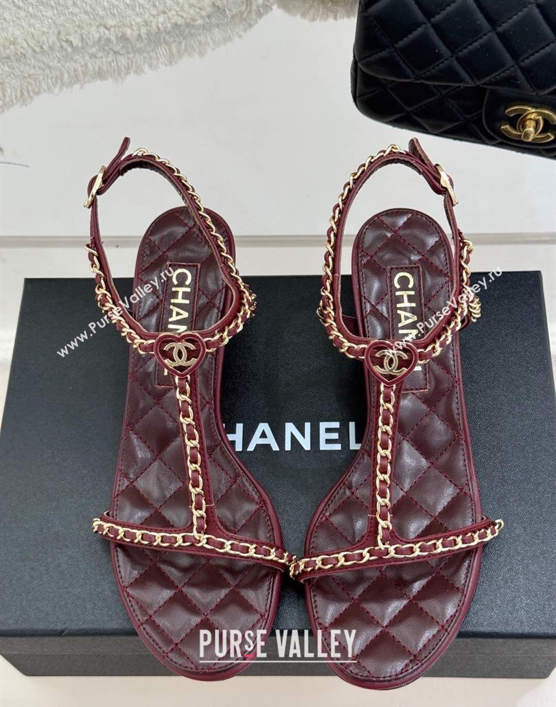 Chanel Lambskin Heel Sandals 4.5cm with Chain and Heart G46109 Dark Burgundy 2025 (KL-250304040)