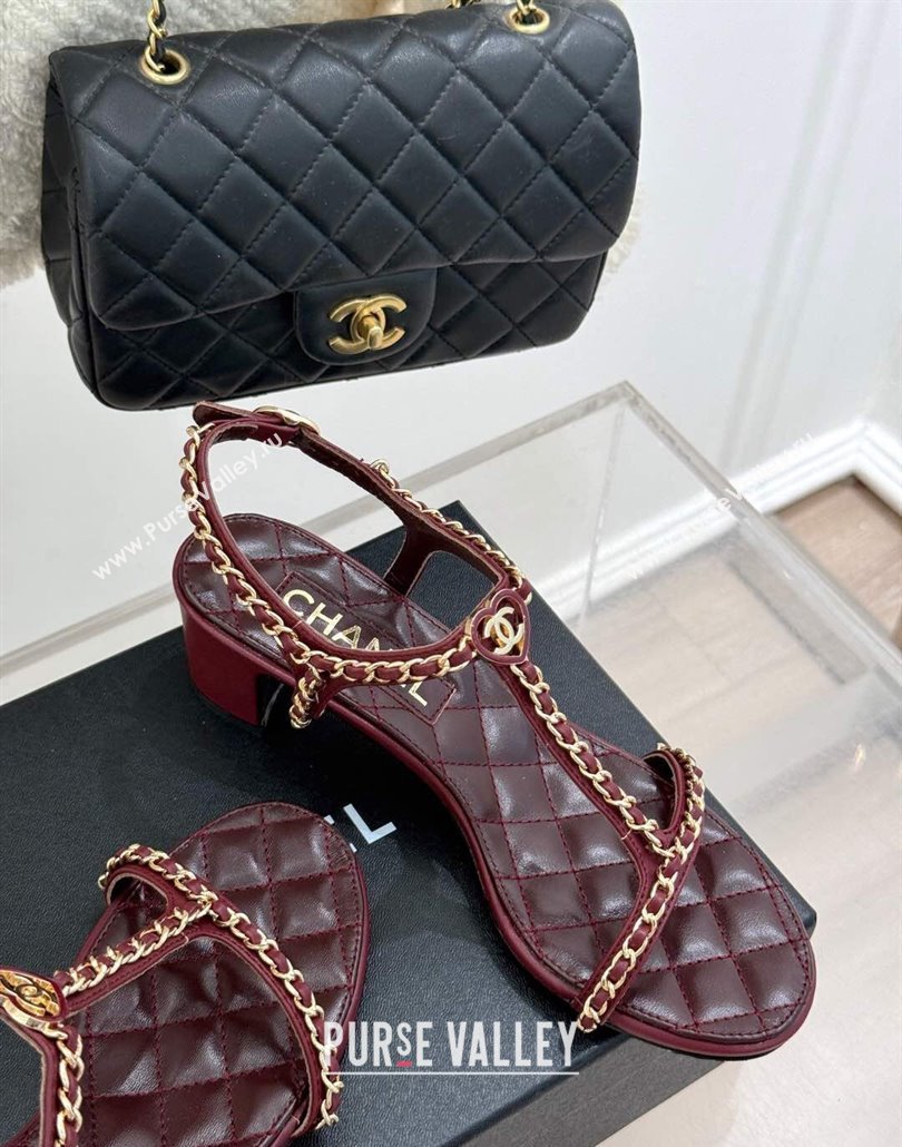 Chanel Lambskin Heel Sandals 4.5cm with Chain and Heart G46109 Dark Burgundy 2025 (KL-250304040)