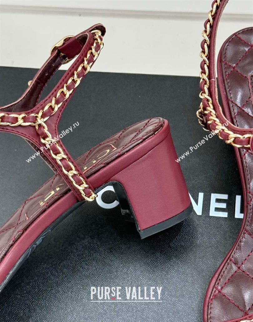 Chanel Lambskin Heel Sandals 4.5cm with Chain and Heart G46109 Dark Burgundy 2025 (KL-250304040)