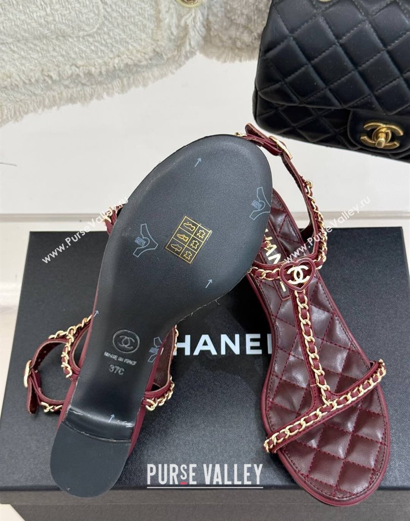 Chanel Lambskin Heel Sandals 4.5cm with Chain and Heart G46109 Dark Burgundy 2025 (KL-250304040)
