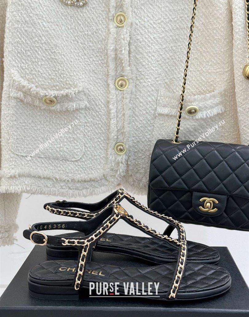 Chanel Lambskin Flat Sandals with Chain and Heart G46109 Black 2025 (KL-250304041)