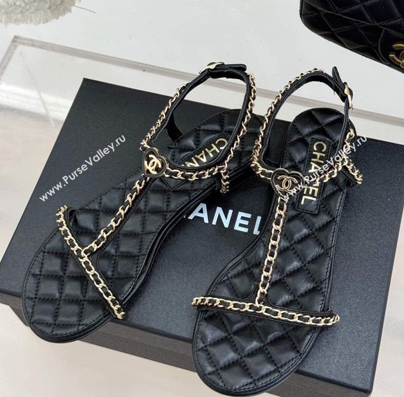 Chanel Lambskin Flat Sandals with Chain and Heart G46109 Black 2025 (KL-250304041)