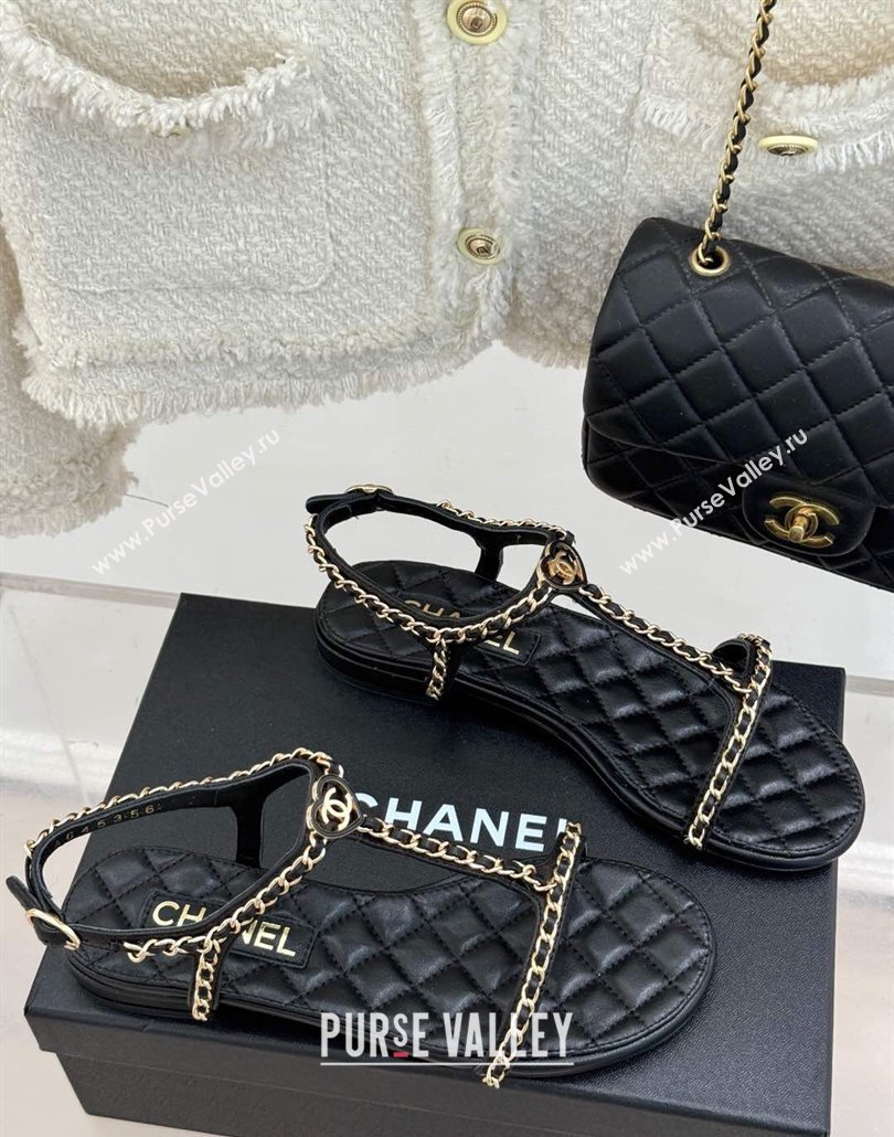 Chanel Lambskin Flat Sandals with Chain and Heart G46109 Black 2025 (KL-250304041)
