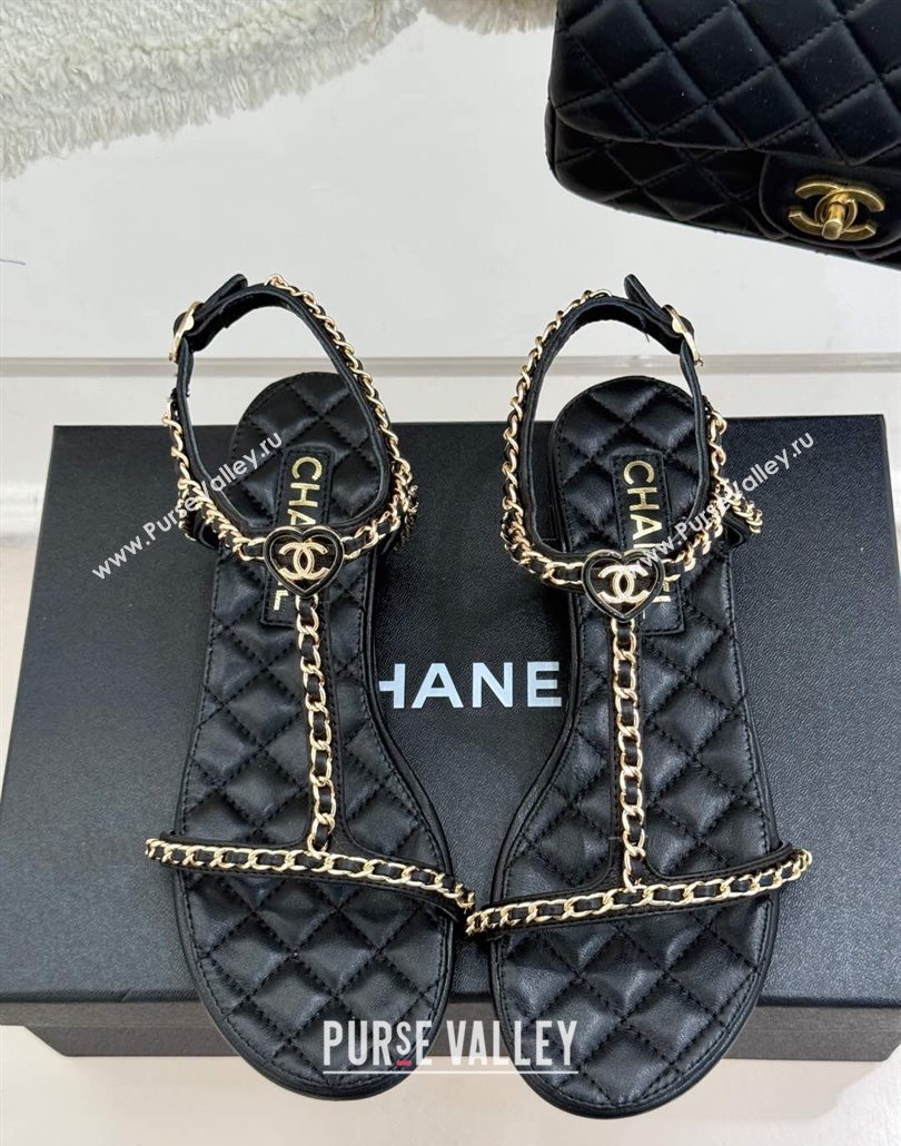 Chanel Lambskin Flat Sandals with Chain and Heart G46109 Black 2025 (KL-250304041)