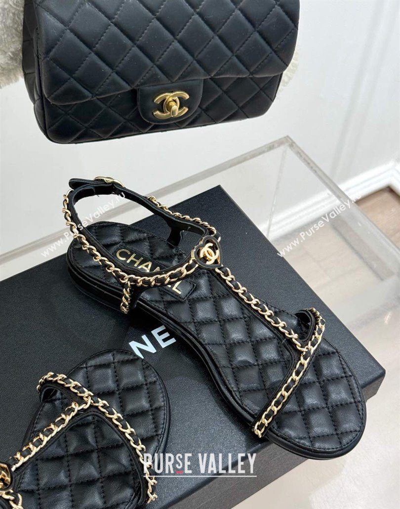 Chanel Lambskin Flat Sandals with Chain and Heart G46109 Black 2025 (KL-250304041)