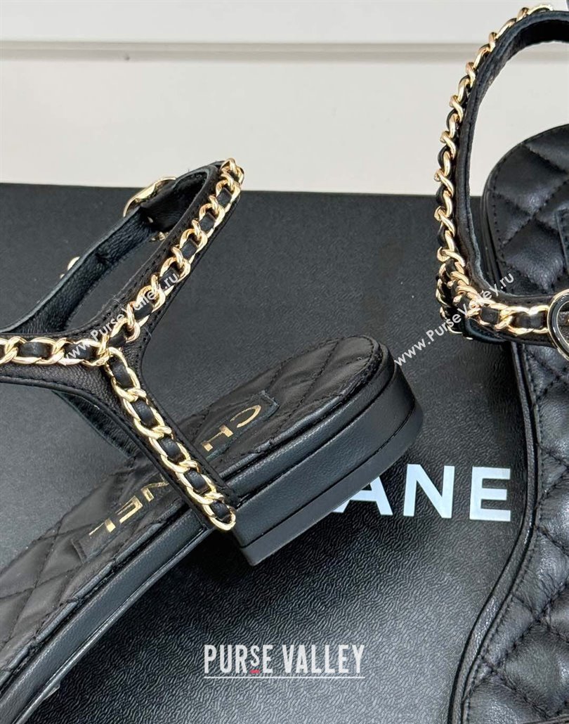 Chanel Lambskin Flat Sandals with Chain and Heart G46109 Black 2025 (KL-250304041)