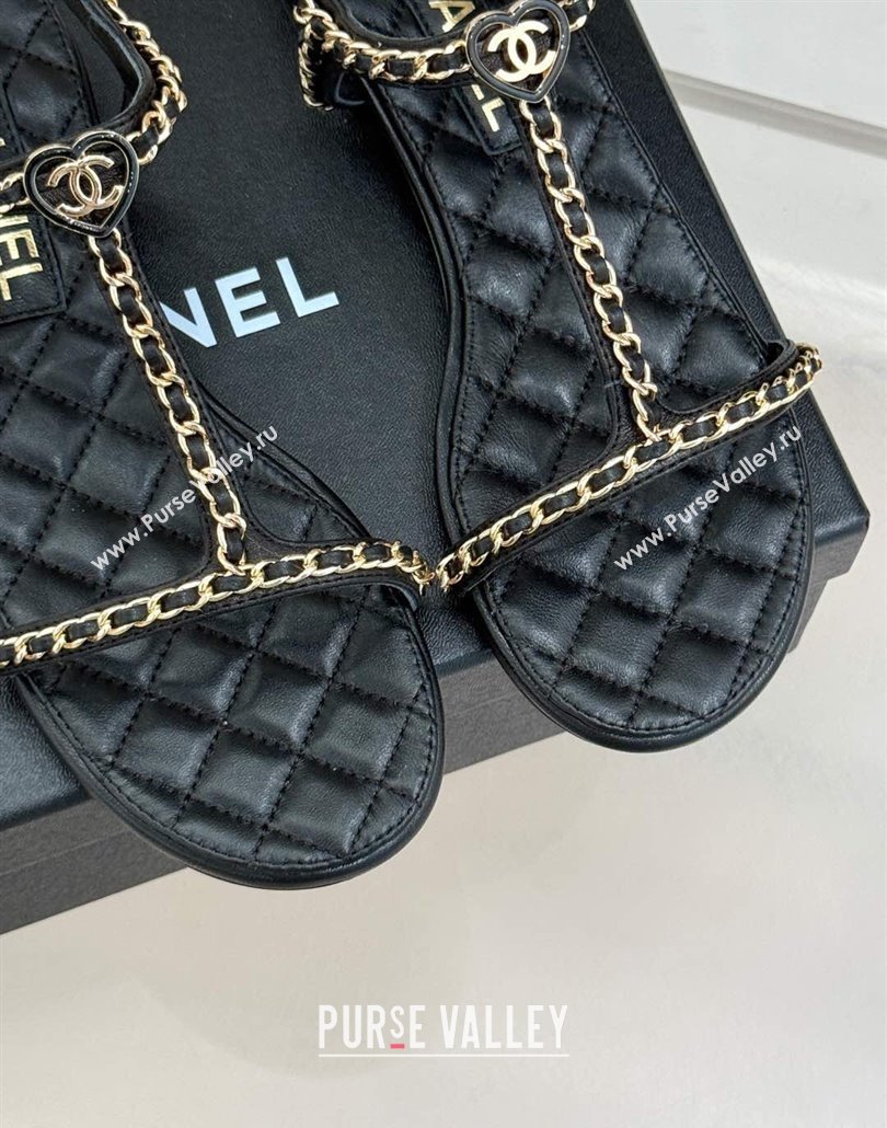 Chanel Lambskin Flat Sandals with Chain and Heart G46109 Black 2025 (KL-250304041)