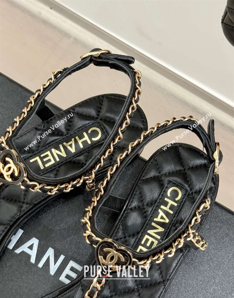Chanel Lambskin Flat Sandals with Chain and Heart G46109 Black 2025 (KL-250304041)