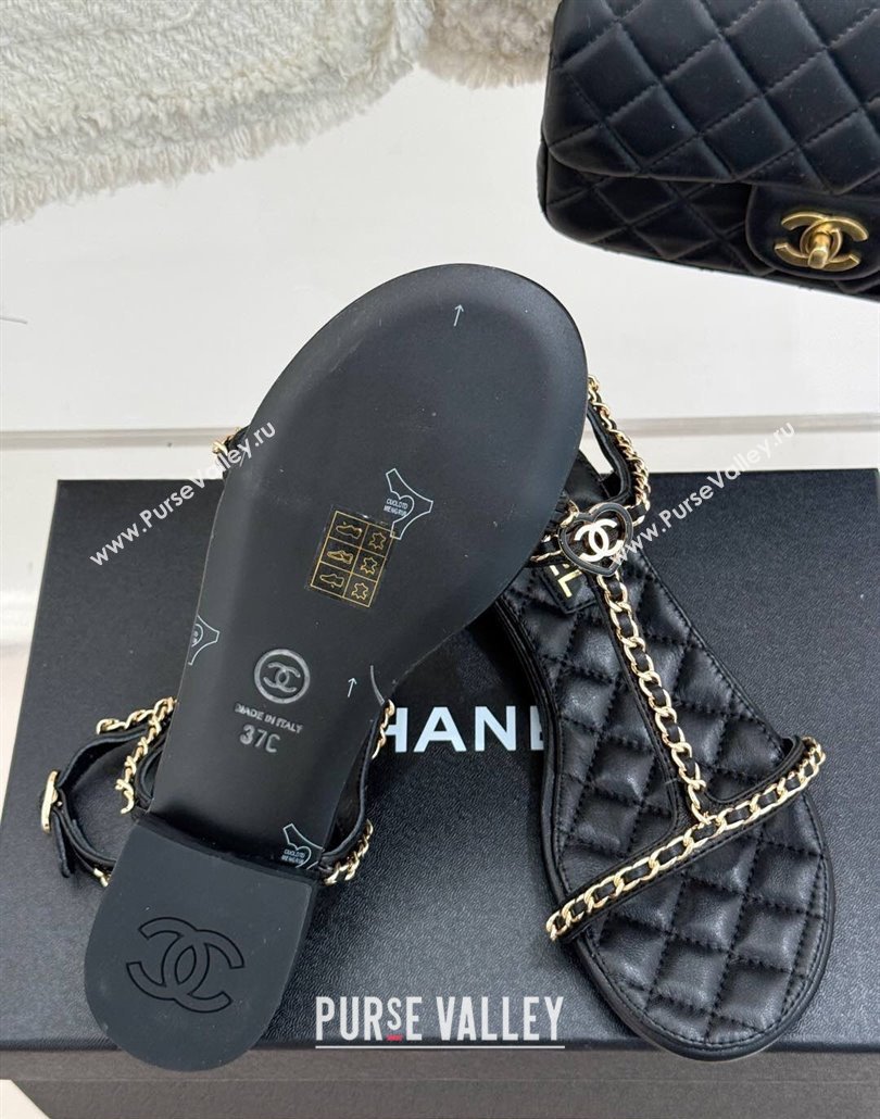 Chanel Lambskin Flat Sandals with Chain and Heart G46109 Black 2025 (KL-250304041)