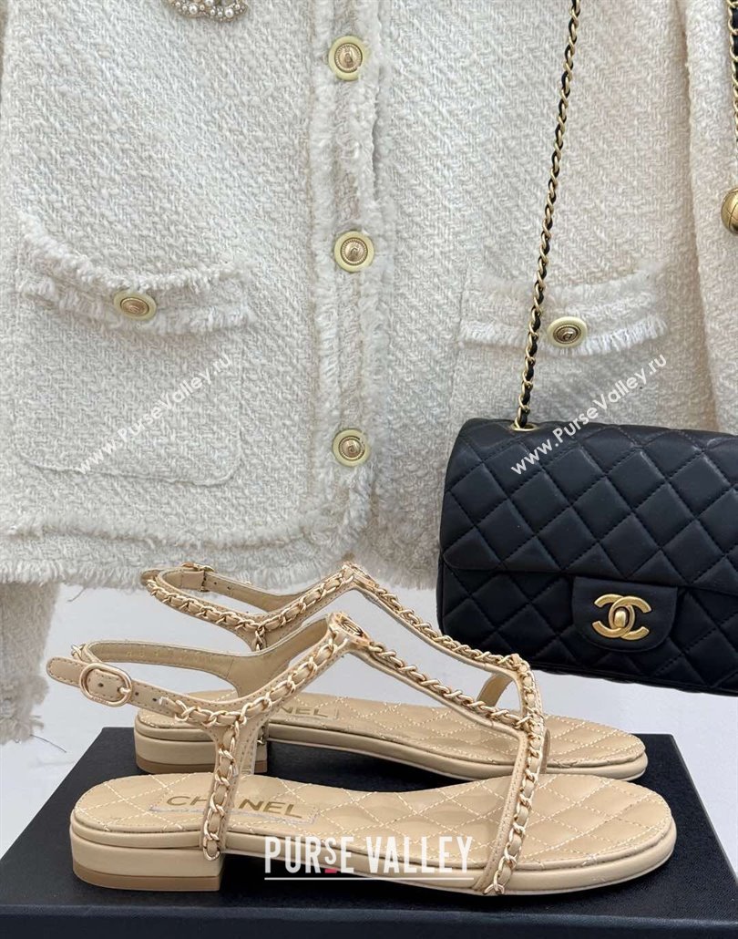 Chanel Lambskin Flat Sandals with Chain and Heart G46109 Beige 2025 (KL-250304042)