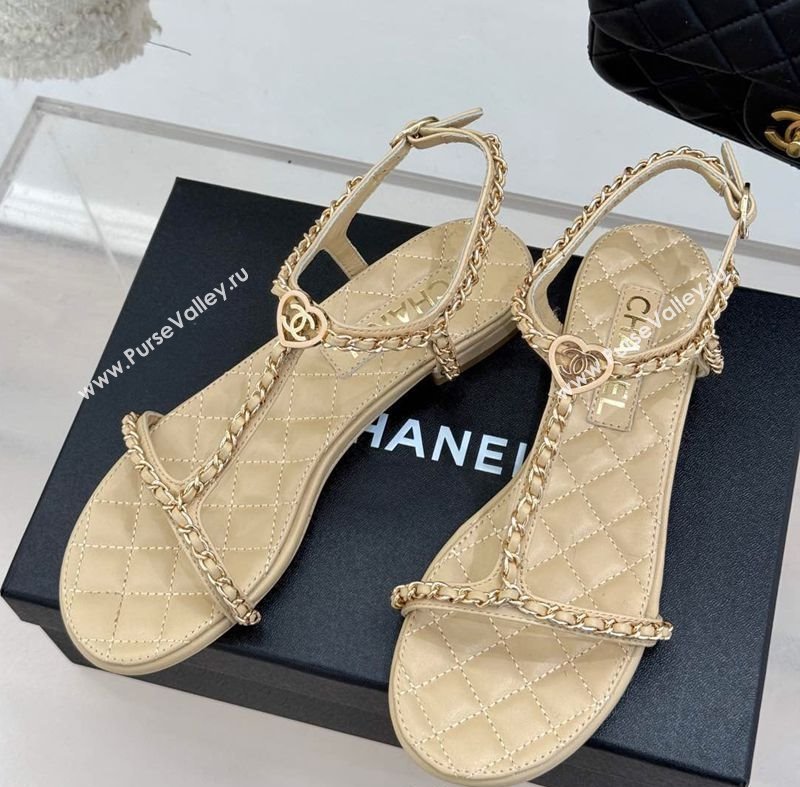 Chanel Lambskin Flat Sandals with Chain and Heart G46109 Beige 2025 (KL-250304042)