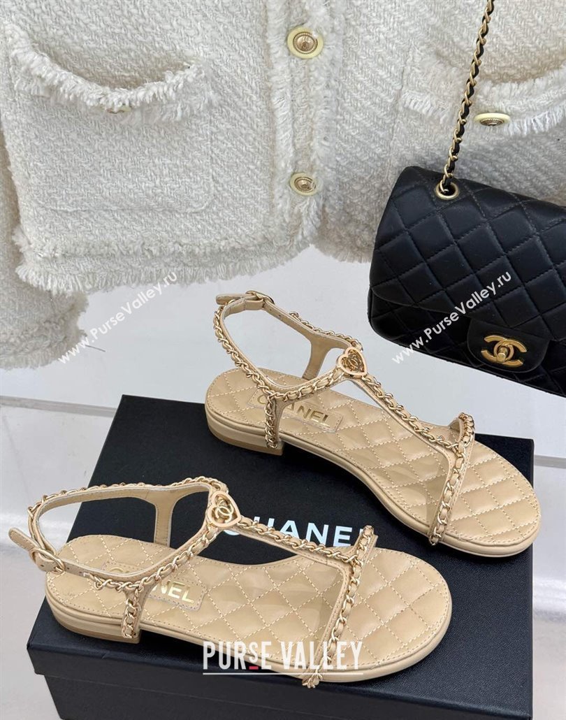 Chanel Lambskin Flat Sandals with Chain and Heart G46109 Beige 2025 (KL-250304042)