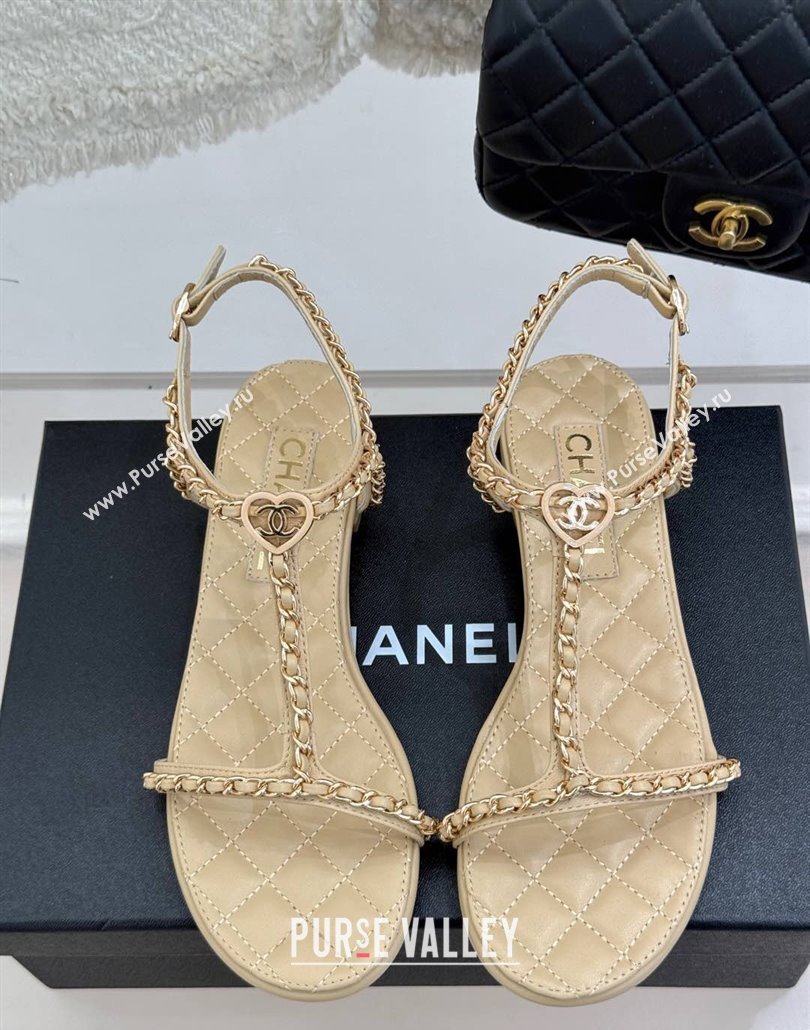Chanel Lambskin Flat Sandals with Chain and Heart G46109 Beige 2025 (KL-250304042)