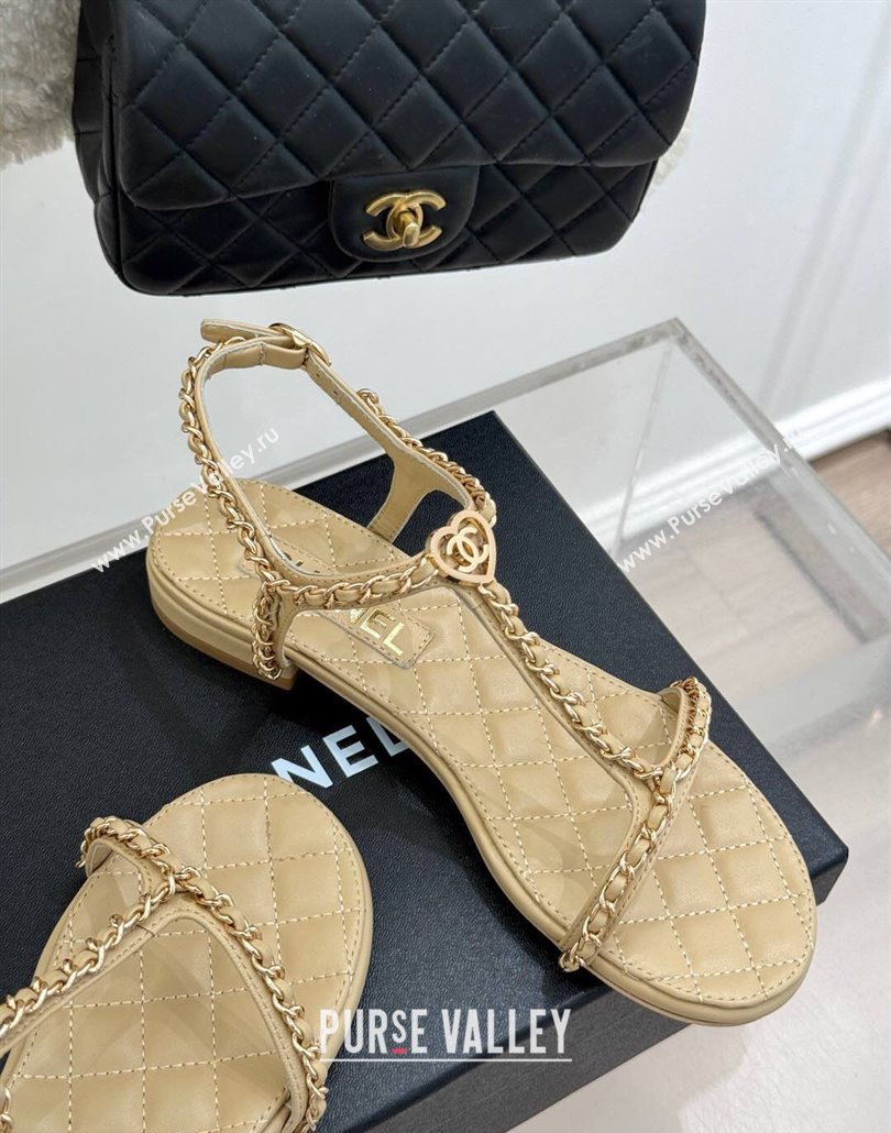 Chanel Lambskin Flat Sandals with Chain and Heart G46109 Beige 2025 (KL-250304042)