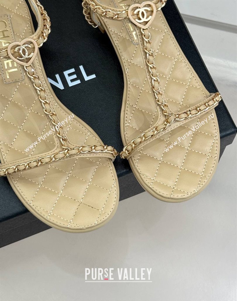 Chanel Lambskin Flat Sandals with Chain and Heart G46109 Beige 2025 (KL-250304042)