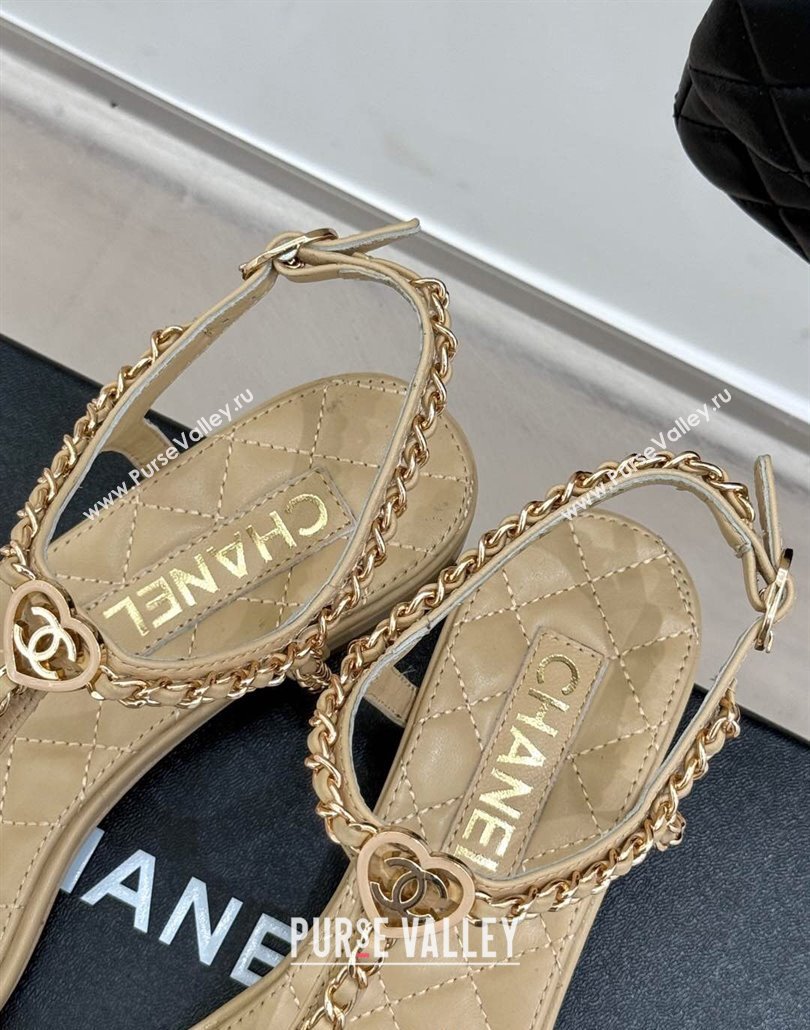 Chanel Lambskin Flat Sandals with Chain and Heart G46109 Beige 2025 (KL-250304042)