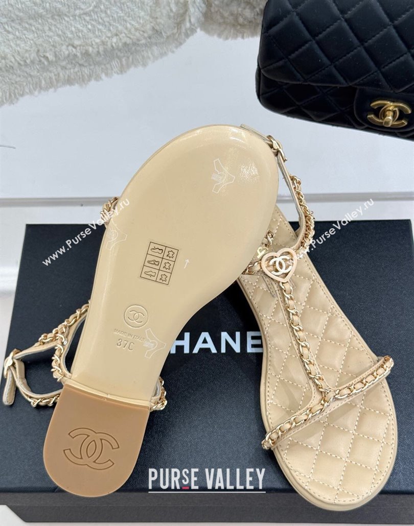 Chanel Lambskin Flat Sandals with Chain and Heart G46109 Beige 2025 (KL-250304042)