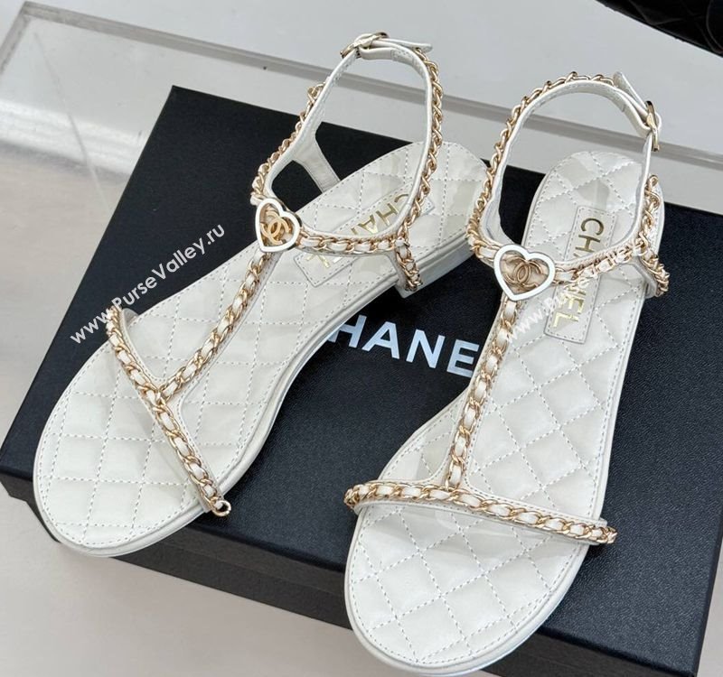 Chanel Lambskin Flat Sandals with Chain and Heart G46109 White 2025 (KL-250304043)