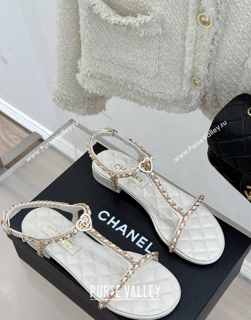 Chanel Lambskin Flat Sandals with Chain and Heart G46109 White 2025 (KL-250304043)