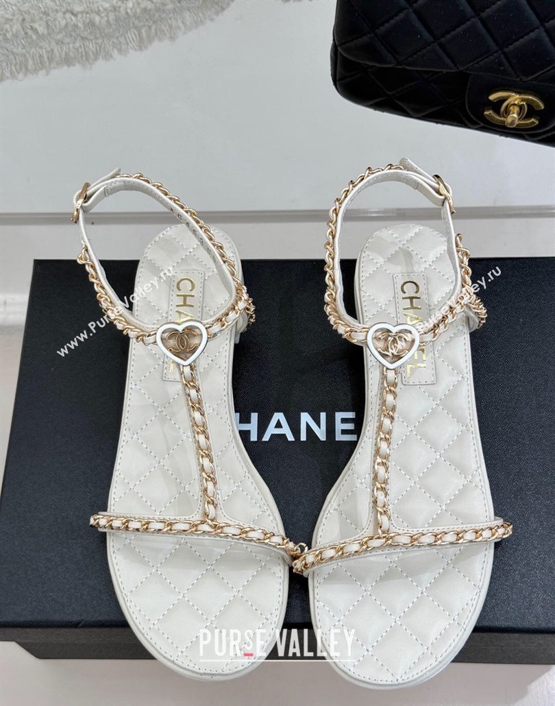 Chanel Lambskin Flat Sandals with Chain and Heart G46109 White 2025 (KL-250304043)