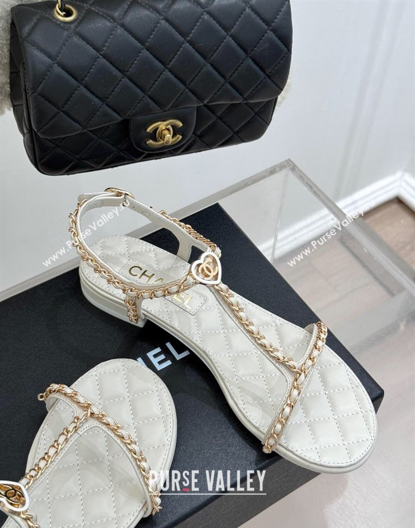 Chanel Lambskin Flat Sandals with Chain and Heart G46109 White 2025 (KL-250304043)