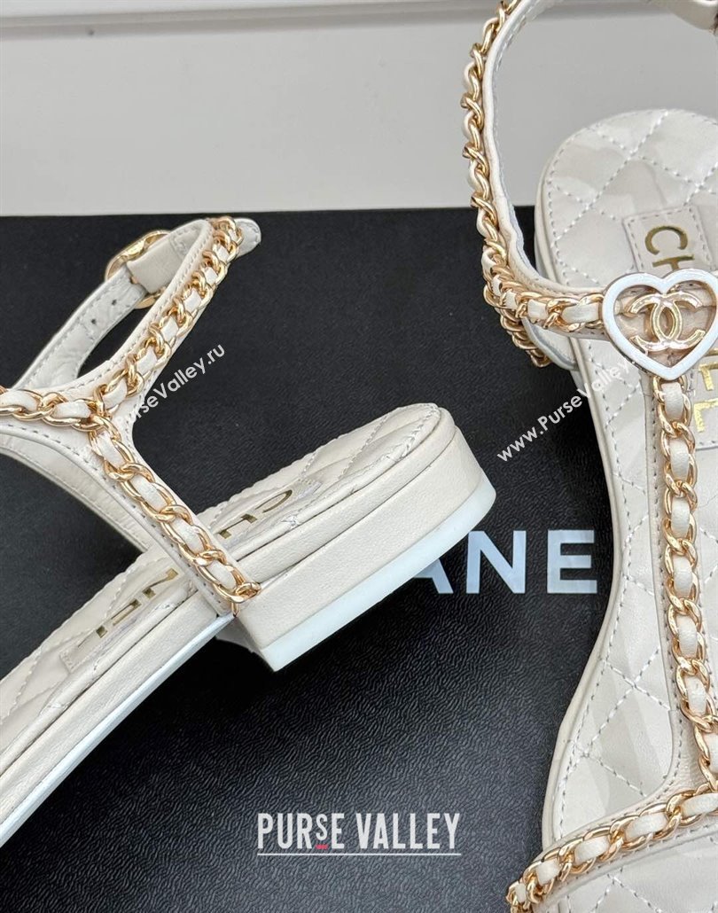 Chanel Lambskin Flat Sandals with Chain and Heart G46109 White 2025 (KL-250304043)