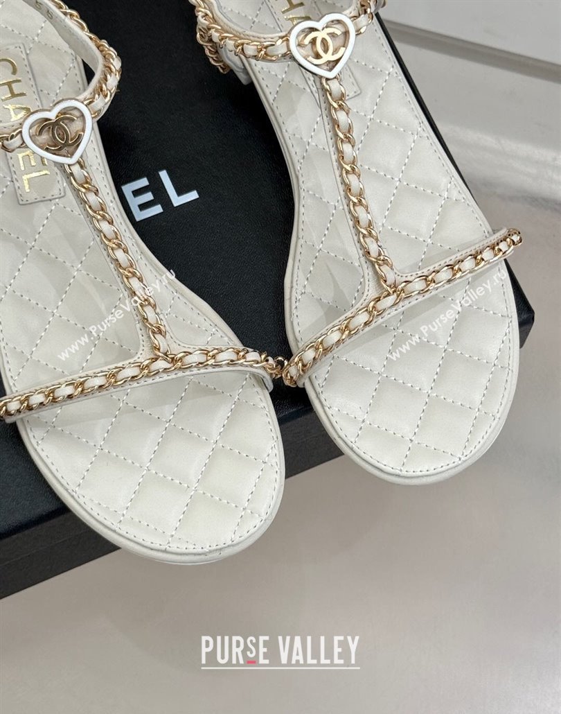 Chanel Lambskin Flat Sandals with Chain and Heart G46109 White 2025 (KL-250304043)