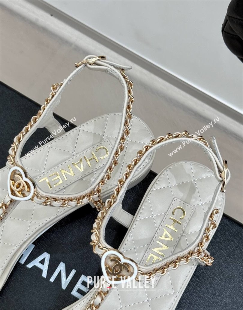 Chanel Lambskin Flat Sandals with Chain and Heart G46109 White 2025 (KL-250304043)