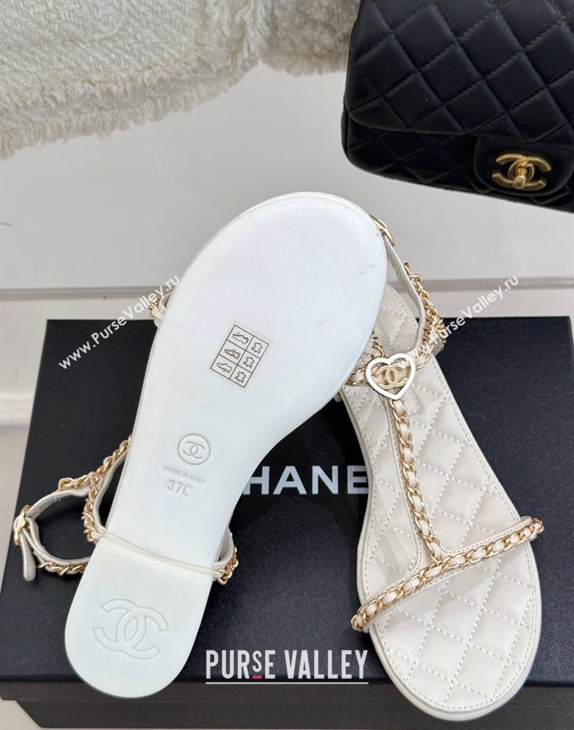 Chanel Lambskin Flat Sandals with Chain and Heart G46109 White 2025 (KL-250304043)