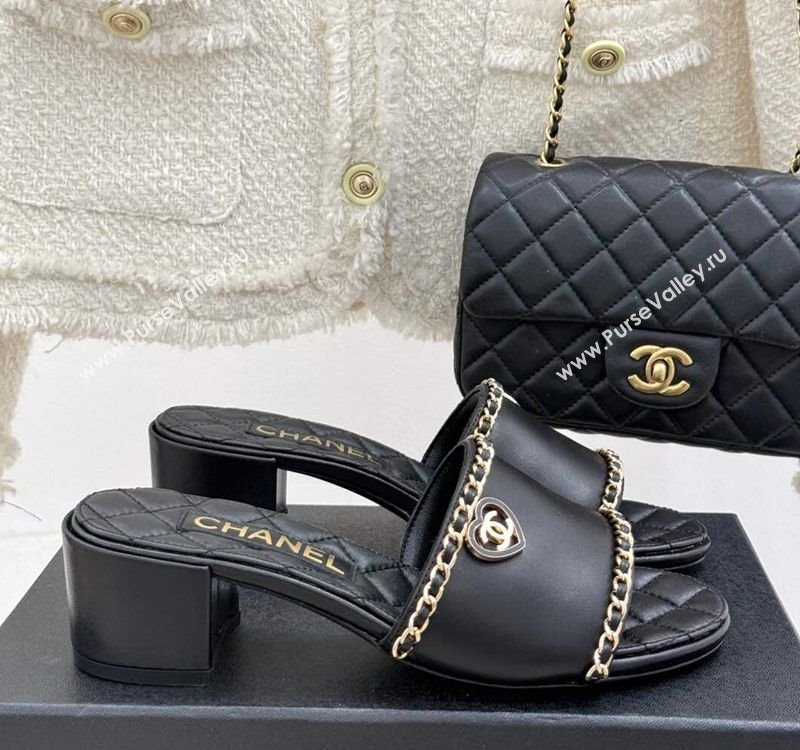 Chanel Lambskin Heel Slides Sandal with Chain and Heart G46109 Black 2025 (KL-250304045)