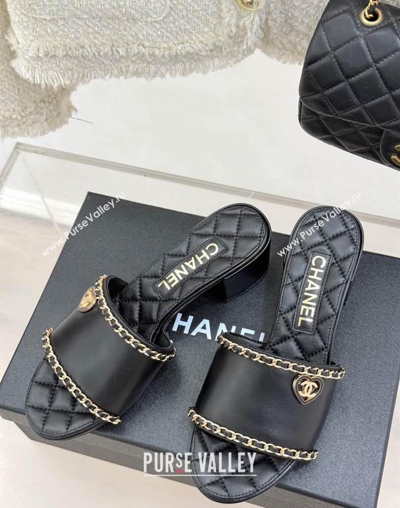 Chanel Lambskin Heel Slides Sandal with Chain and Heart G46109 Black 2025 (KL-250304045)