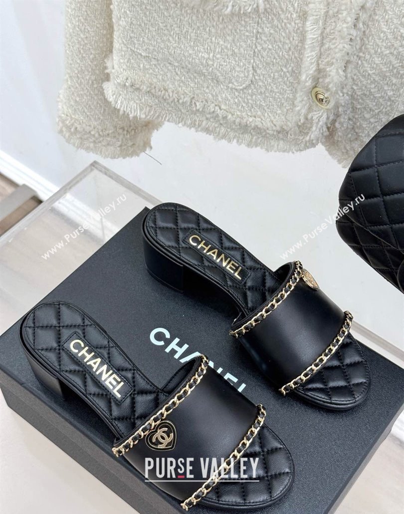 Chanel Lambskin Heel Slides Sandal with Chain and Heart G46109 Black 2025 (KL-250304045)