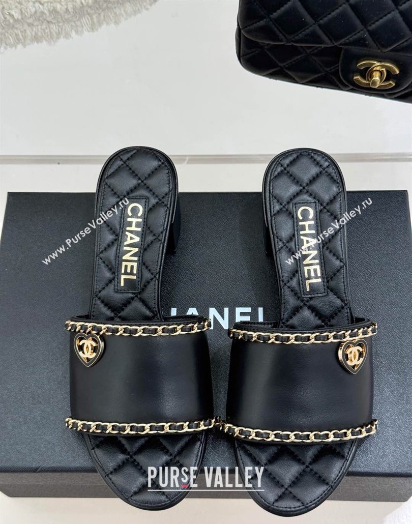 Chanel Lambskin Heel Slides Sandal with Chain and Heart G46109 Black 2025 (KL-250304045)