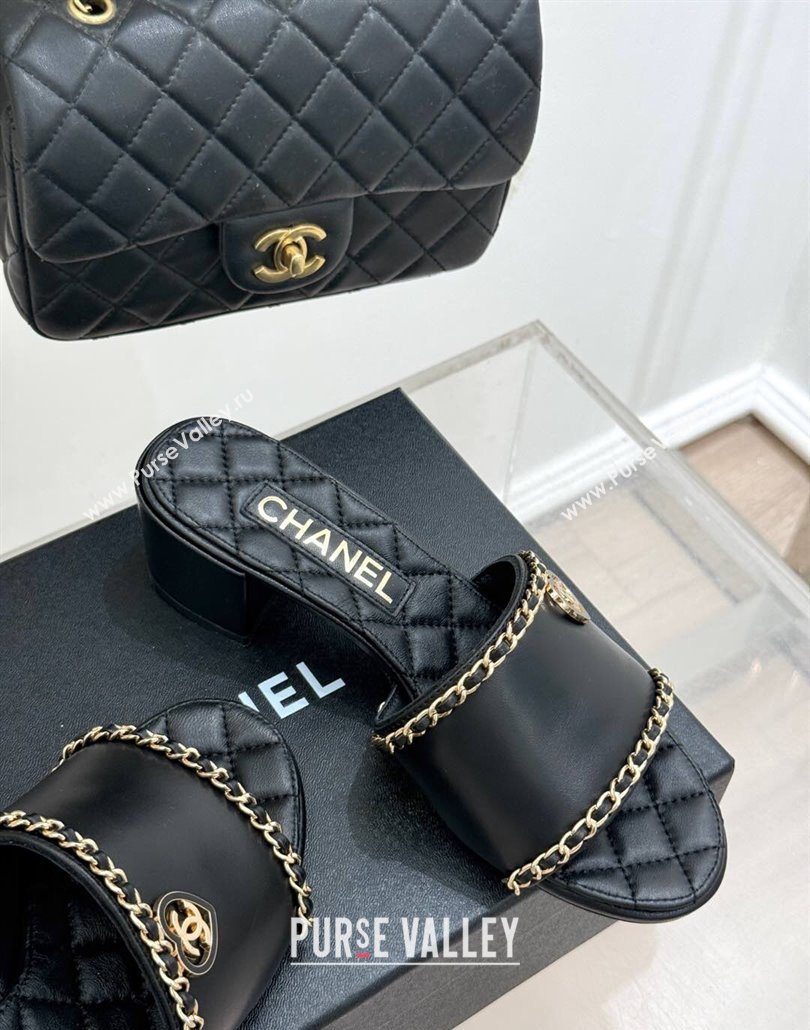 Chanel Lambskin Heel Slides Sandal with Chain and Heart G46109 Black 2025 (KL-250304045)