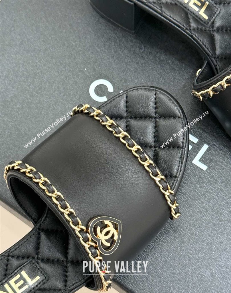 Chanel Lambskin Heel Slides Sandal with Chain and Heart G46109 Black 2025 (KL-250304045)