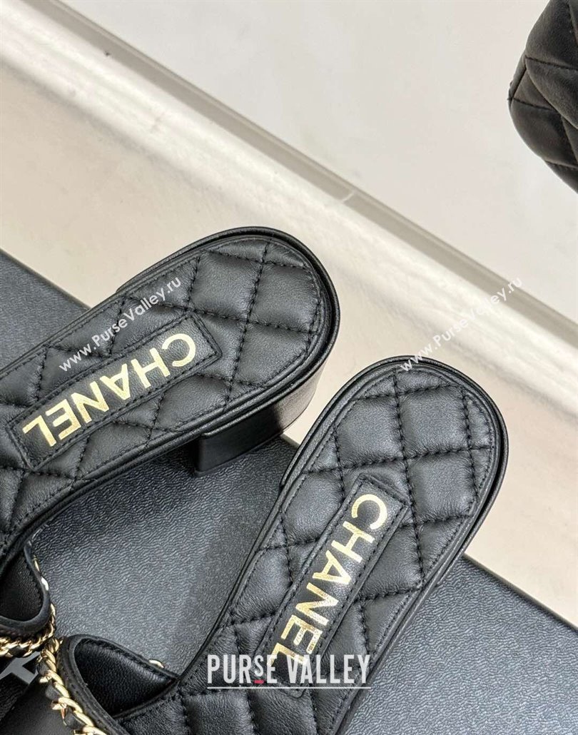 Chanel Lambskin Heel Slides Sandal with Chain and Heart G46109 Black 2025 (KL-250304045)