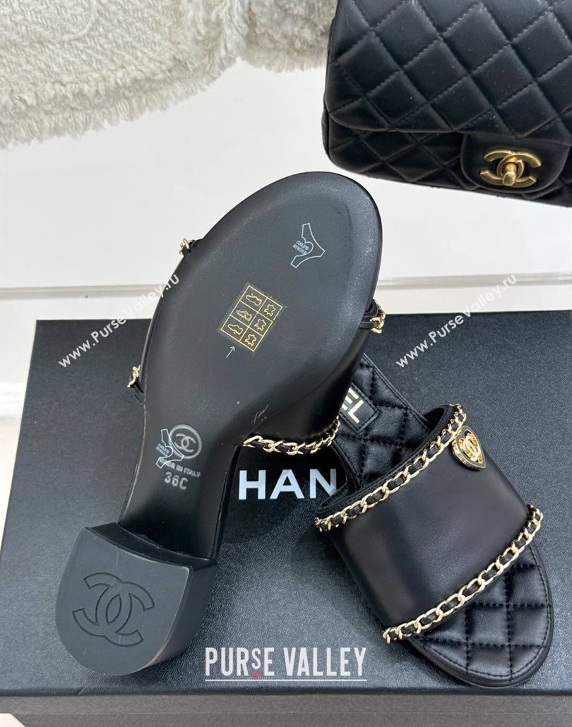 Chanel Lambskin Heel Slides Sandal with Chain and Heart G46109 Black 2025 (KL-250304045)