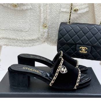 Chanel Velvet Heel Slides Sandal with Chain and Heart G46109 Black 2025 (KL-250304046)