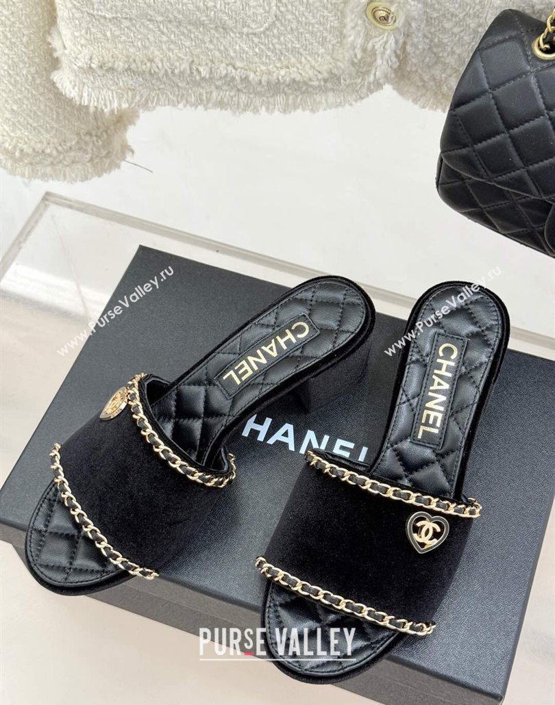 Chanel Velvet Heel Slides Sandal with Chain and Heart G46109 Black 2025 (KL-250304046)