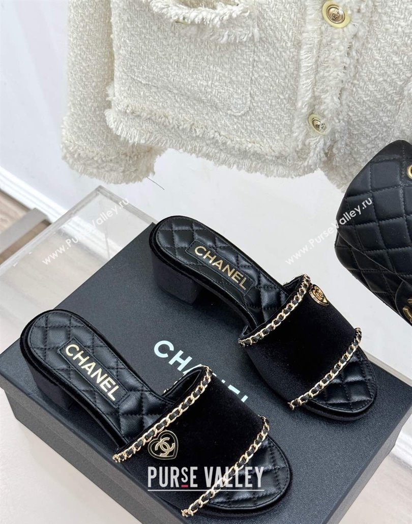 Chanel Velvet Heel Slides Sandal with Chain and Heart G46109 Black 2025 (KL-250304046)